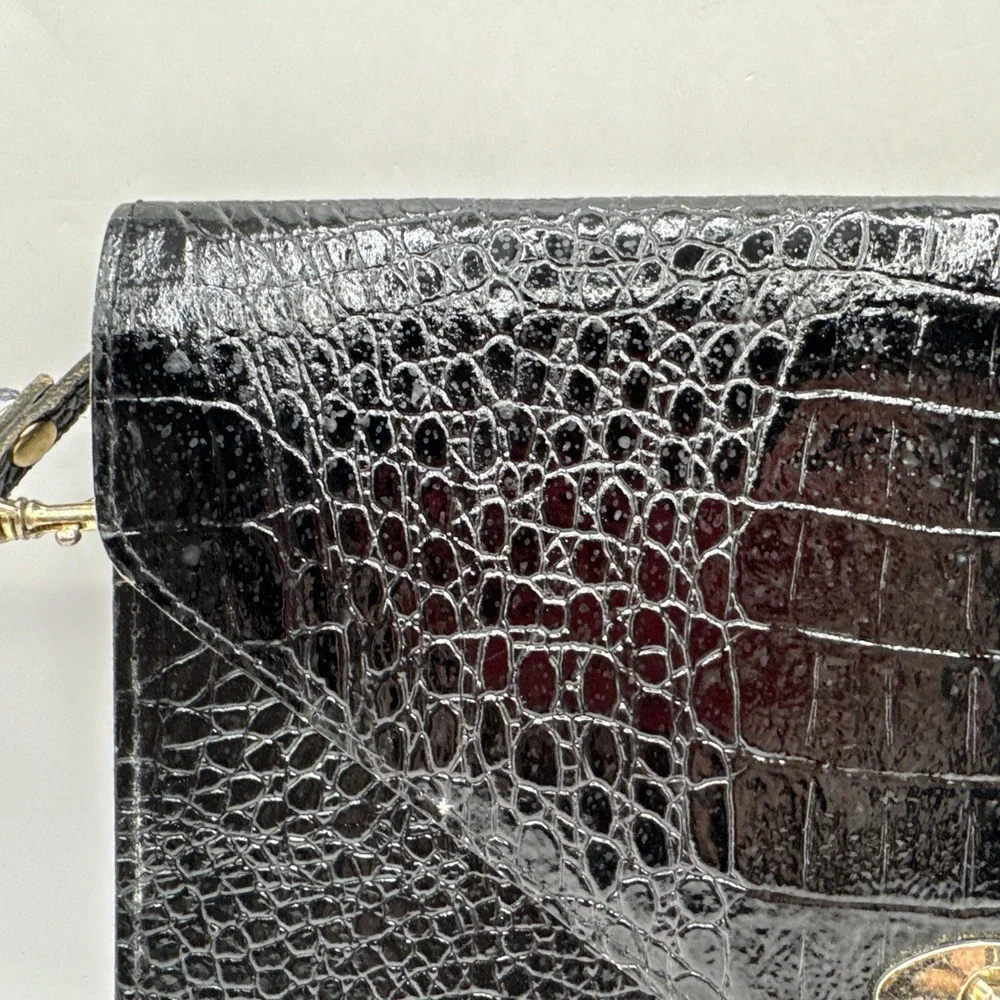 Vintage Black Leather Alligator Clutch Removable Strap Tradwife Costume Cocktail